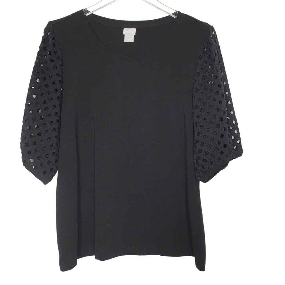 Chicos L Womens Black Eyelet Elbow Sleeve Top Puff Round Neck